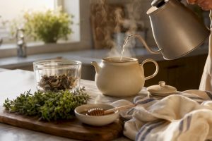 Pouring hot water over mushrooms for tea